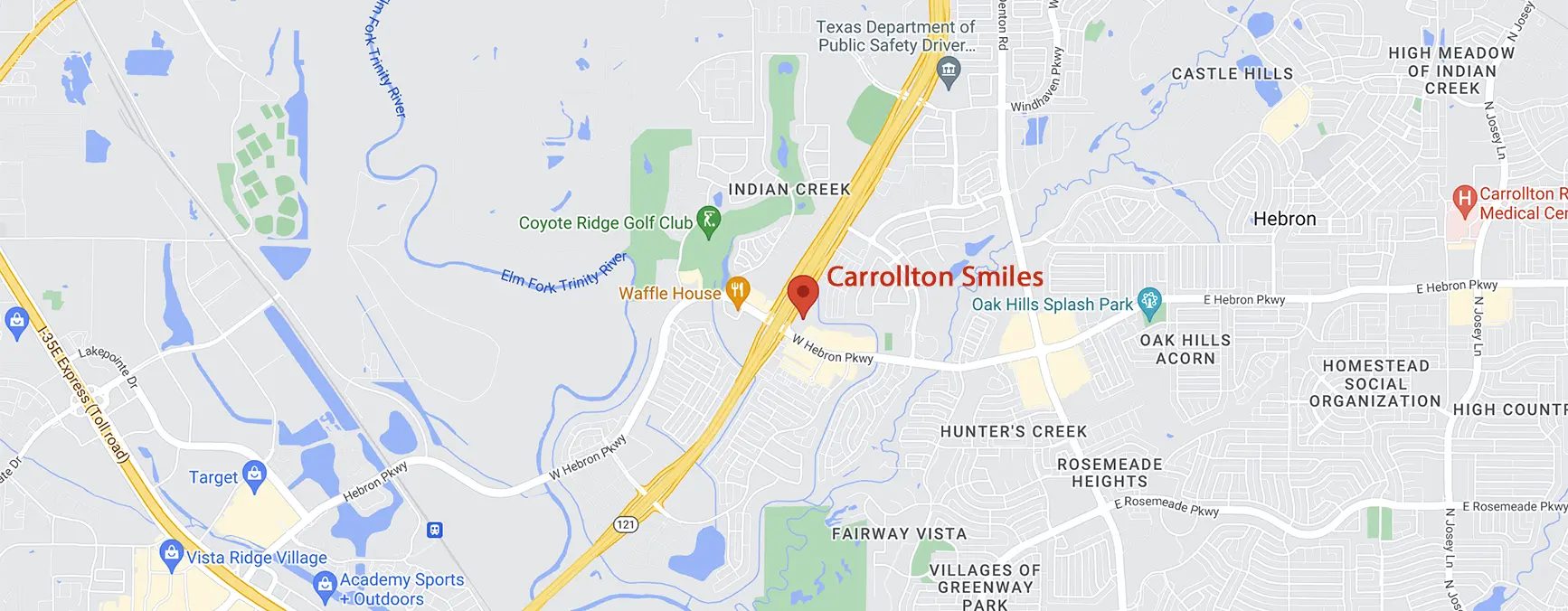 Map showing location of Carrollton Smiles. There office is located at 4116 TX-121, #110 Carrollton, TX 75010