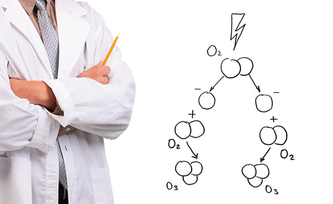 doctor standing next to ozone molecule drawing