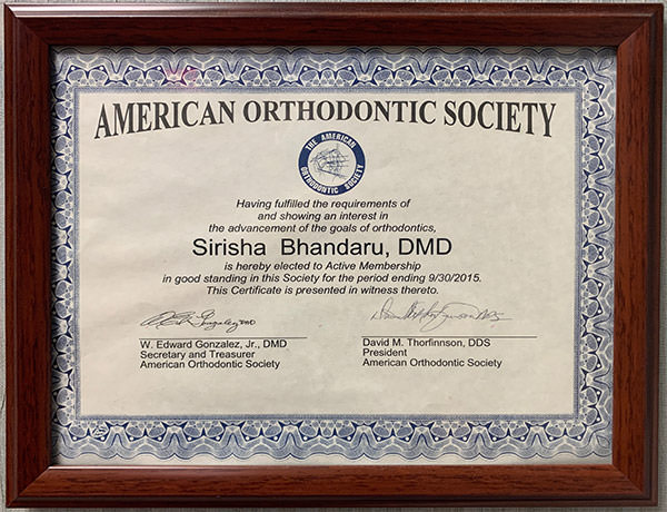 Dr. Sirisha Bhandaru is a member of the American Orthodontics Society